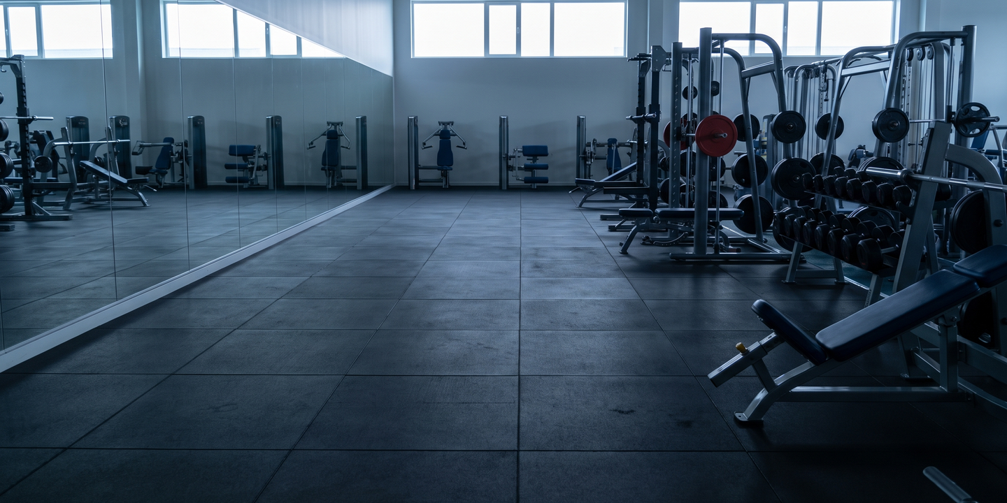 An empty gym with rubber flooring, weight racks and a mirrored wall in early morning light.