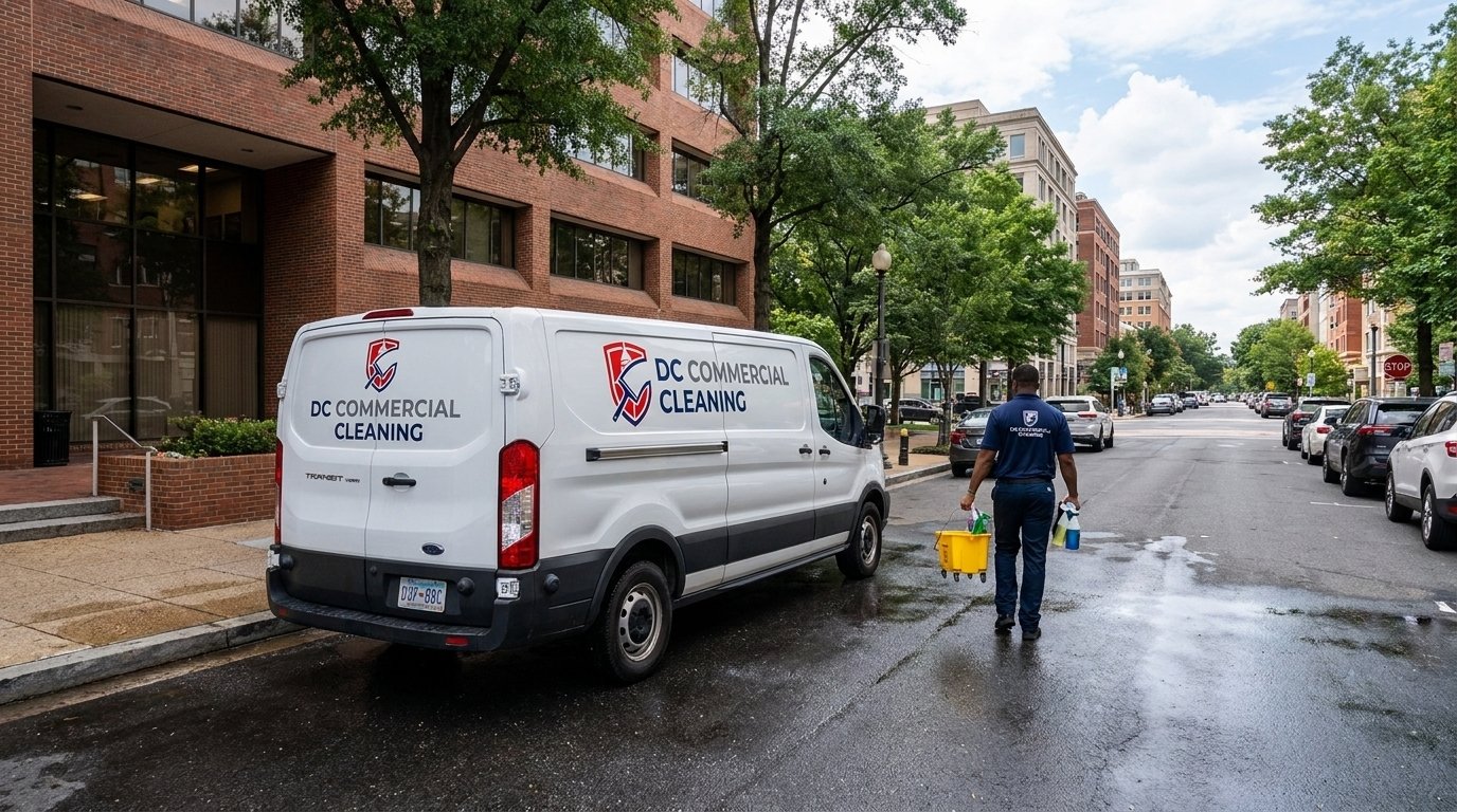 A technician carrying cleaning supplies beside a parked cleaning van.